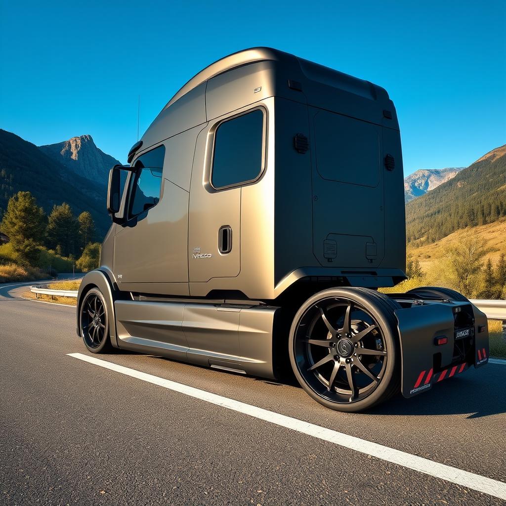 A striking visualization of custom IVECO rims and wheels on a cutting-edge semi-truck