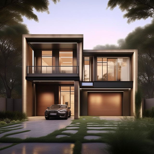 Create an elegant three-story building on a 60ft x 30ft plot. The design includes a right-sided garage with a ladder, crafted with a beautiful and modern architectural style.