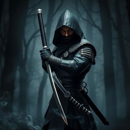 A master dark swordsman standing poised with a beautifully crafted katana, wearing an intricately detailed black armor with silver accents