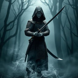 A master dark swordsman standing poised with a beautifully crafted katana, wearing an intricately detailed black armor with silver accents