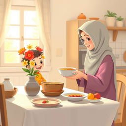 A warm kitchen scene featuring a Muslim mother in a soft hijab, serving a bowl of soup to her child who is sitting eagerly at the dining table