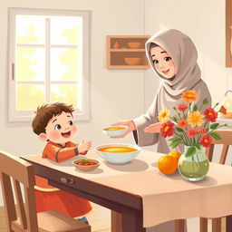 A warm kitchen scene featuring a Muslim mother in a soft hijab, serving a bowl of soup to her child who is sitting eagerly at the dining table