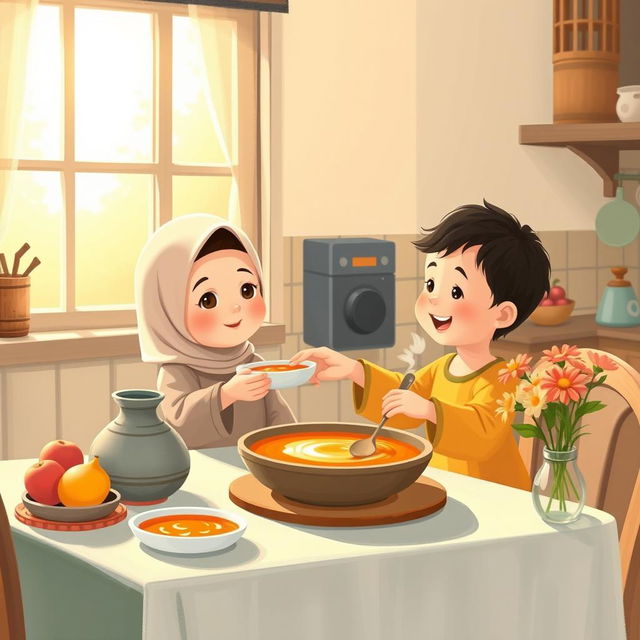 A warm kitchen scene featuring a Muslim mother in a soft hijab, serving a bowl of soup to her child who is sitting eagerly at the dining table