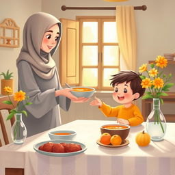 A warm kitchen scene featuring a Muslim mother in a soft hijab, serving a bowl of soup to her child who is sitting eagerly at the dining table
