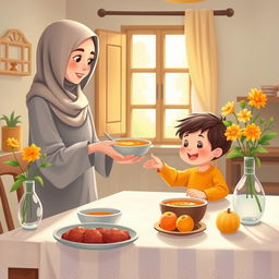 A warm kitchen scene featuring a Muslim mother in a soft hijab, serving a bowl of soup to her child who is sitting eagerly at the dining table