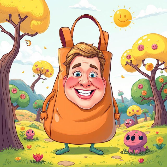 A humorous and surreal illustration featuring a body shaped like a bag, with a face affixed to it that resembles the user's face