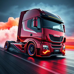 A dynamic depiction of custom racing rims and wheels designed specifically for a cutting-edge IVECO semi-truck, showcasing a vibrant and aggressive style