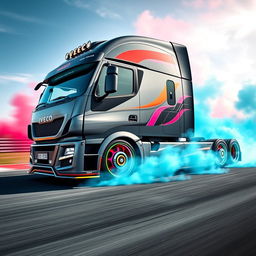 A dynamic depiction of custom racing rims and wheels designed specifically for a cutting-edge IVECO semi-truck, showcasing a vibrant and aggressive style