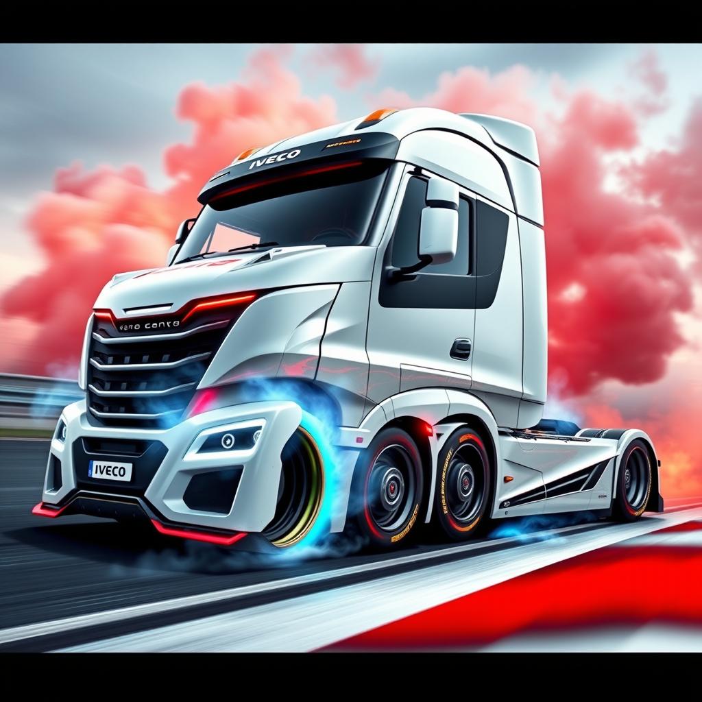 A dynamic depiction of custom racing rims and wheels designed specifically for a cutting-edge IVECO semi-truck, showcasing a vibrant and aggressive style