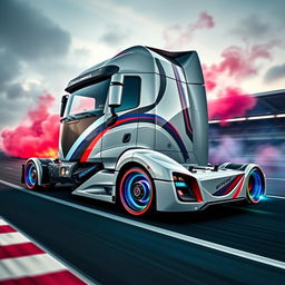 A dynamic depiction of custom racing rims and wheels designed specifically for a cutting-edge IVECO semi-truck, showcasing a vibrant and aggressive style