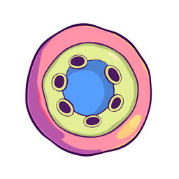 A cartoon-style illustration of a cell nucleus represented as a bilayer empty shell with visible pores