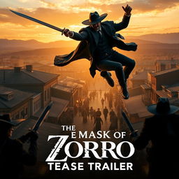 A dynamic and dramatic teaser trailer scene for a modern adaptation of 'The Mask of Zorro' (2025), featuring Keanu Reeves as a suave and charismatic Zorro, and Jenna Ortega as a spirited and adventurous heroine
