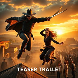 A dynamic and dramatic teaser trailer scene for a modern adaptation of 'The Mask of Zorro' (2025), featuring Keanu Reeves as a suave and charismatic Zorro, and Jenna Ortega as a spirited and adventurous heroine