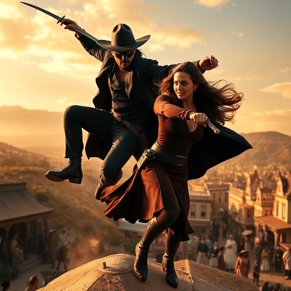 A dynamic and dramatic teaser trailer scene for a modern adaptation of 'The Mask of Zorro' (2025), featuring Keanu Reeves as a suave and charismatic Zorro, and Jenna Ortega as a spirited and adventurous heroine