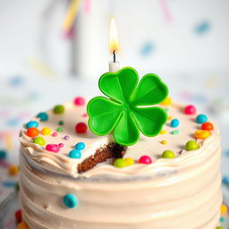 A whimsical birthday cake adorned with a vibrant four-leaf clover candle standing proudly on top