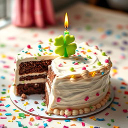 A whimsical birthday cake adorned with a vibrant four-leaf clover candle standing proudly on top