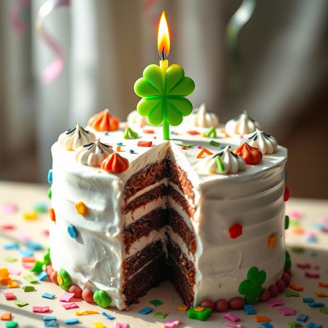 A whimsical birthday cake adorned with a vibrant four-leaf clover candle standing proudly on top