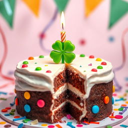 A whimsical birthday cake adorned with a vibrant four-leaf clover candle standing proudly on top