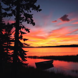 A beautiful outdoor scene featuring a serene sunset over a tranquil lake, with vibrant hues of orange, pink, and purple reflecting on the water