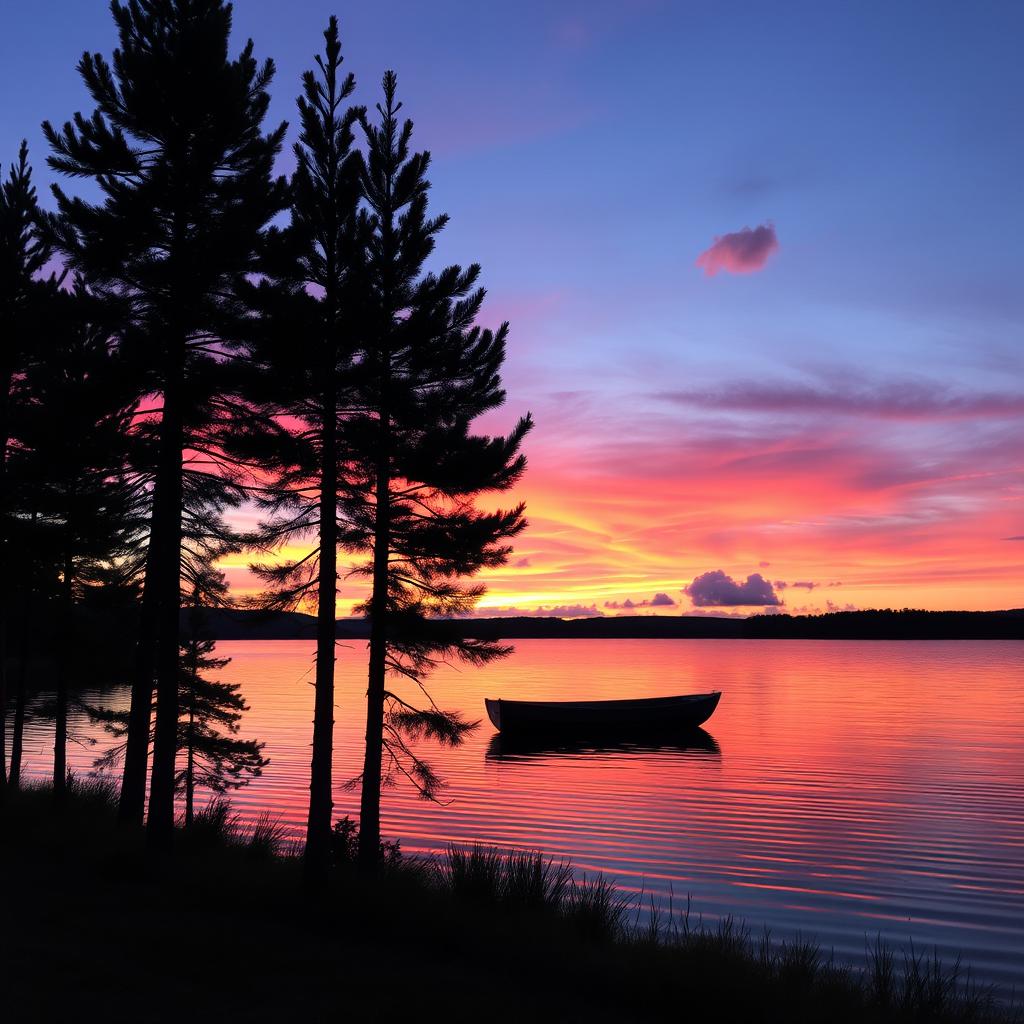 A beautiful outdoor scene featuring a serene sunset over a tranquil lake, with vibrant hues of orange, pink, and purple reflecting on the water