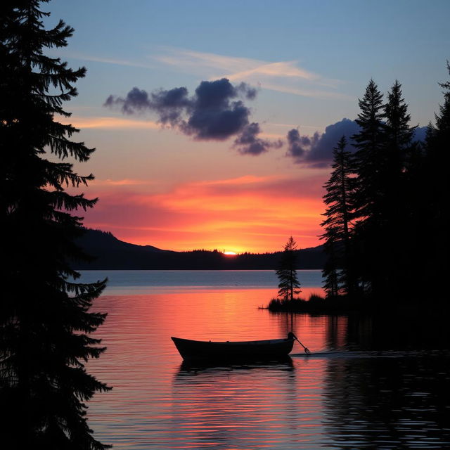 A beautiful outdoor scene featuring a serene sunset over a tranquil lake, with vibrant hues of orange, pink, and purple reflecting on the water