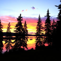 A beautiful outdoor scene featuring a serene sunset over a tranquil lake, with vibrant hues of orange, pink, and purple reflecting on the water