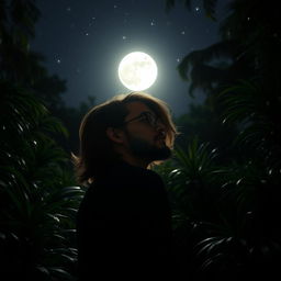A young man with long hair and glasses, sporting a beard, standing in a jungle at night with his back to the viewer