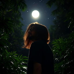 A young man with long hair and glasses, sporting a beard, standing in a jungle at night with his back to the viewer