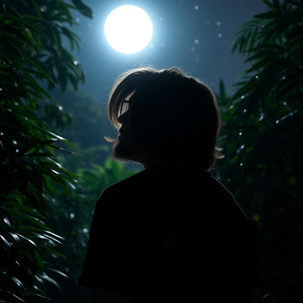 A young man with long hair and glasses, sporting a beard, standing in a jungle at night with his back to the viewer