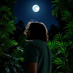 A young man with long hair and glasses, sporting a beard, standing in a jungle at night with his back to the viewer