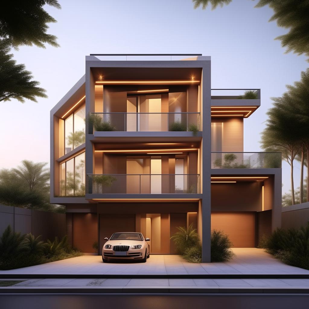 Construct an image of a three-story building on a 60ft x 30ft plot with a stylish design. The building features a right-sided garage including steps, all of which follows modern architecture.