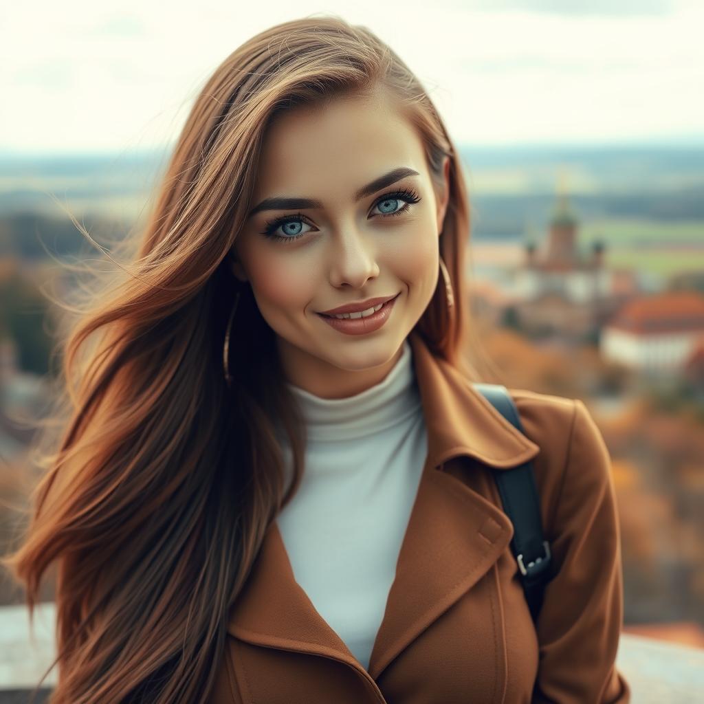 A beautiful Russian woman with striking features, such as long flowing hair, captivating blue eyes, and a warm smile