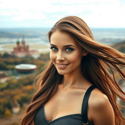 A beautiful Russian woman with striking features, such as long flowing hair, captivating blue eyes, and a warm smile