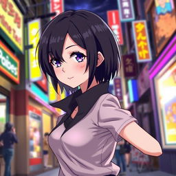 An anime girl with short black hair, wearing a stylish modern outfit