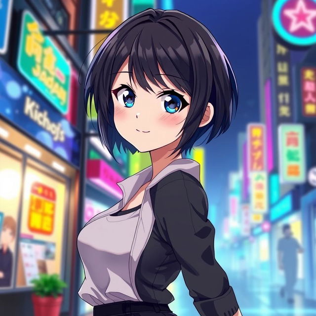 An anime girl with short black hair, wearing a stylish modern outfit