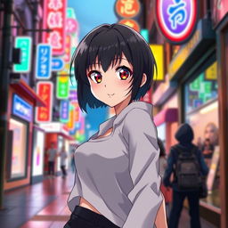 An anime girl with short black hair, wearing a stylish modern outfit