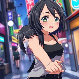 An anime girl with short black hair, wearing a stylish modern outfit