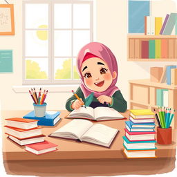 A tidy study room featuring a desk filled with a variety of books, colorful pencils, and an open notebook