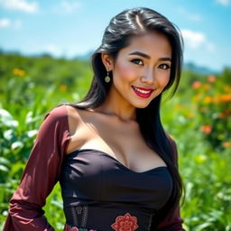 A stunningly beautiful Acehnese woman with large, round breasts, showcasing her beauty and cultural pride