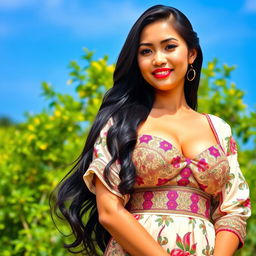 A stunningly beautiful Acehnese woman with large, round breasts, showcasing her beauty and cultural pride