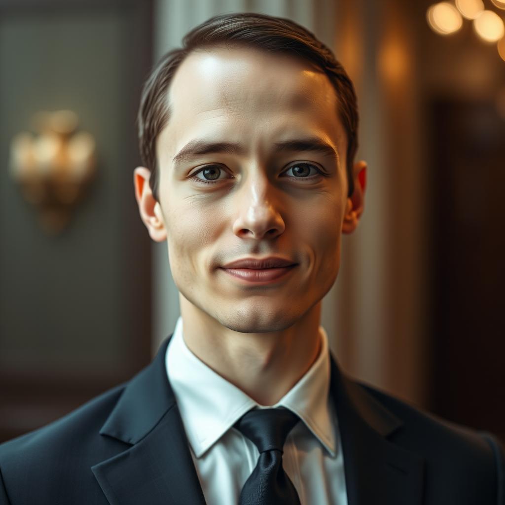 A formal portrait of a person enhancing features such as symmetry in the face, a sharp nose, and a defined jawline