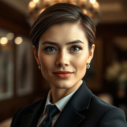 A formal portrait of a person enhancing features such as symmetry in the face, a sharp nose, and a defined jawline