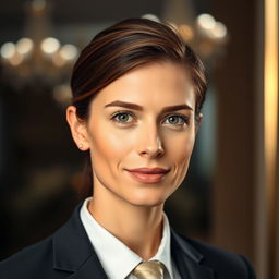 A formal portrait of a person enhancing features such as symmetry in the face, a sharp nose, and a defined jawline