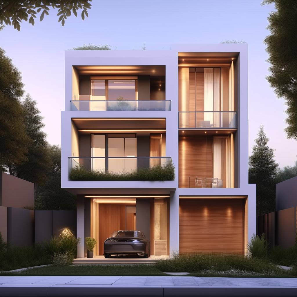 Construct an image of a three-story building on a 60ft x 30ft plot with a stylish design. The building features a right-sided garage including steps, all of which follows modern architecture.