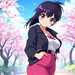 A stunning anime girl with short, sleek black hair and a thick, curvy figure