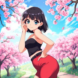 A stunning anime girl with short, sleek black hair and a thick, curvy figure