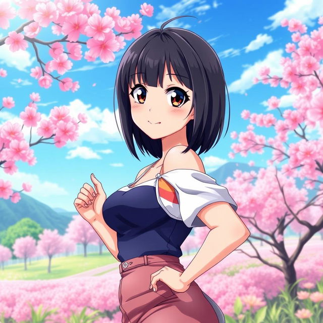 A stunning anime girl with short, sleek black hair and a thick, curvy figure