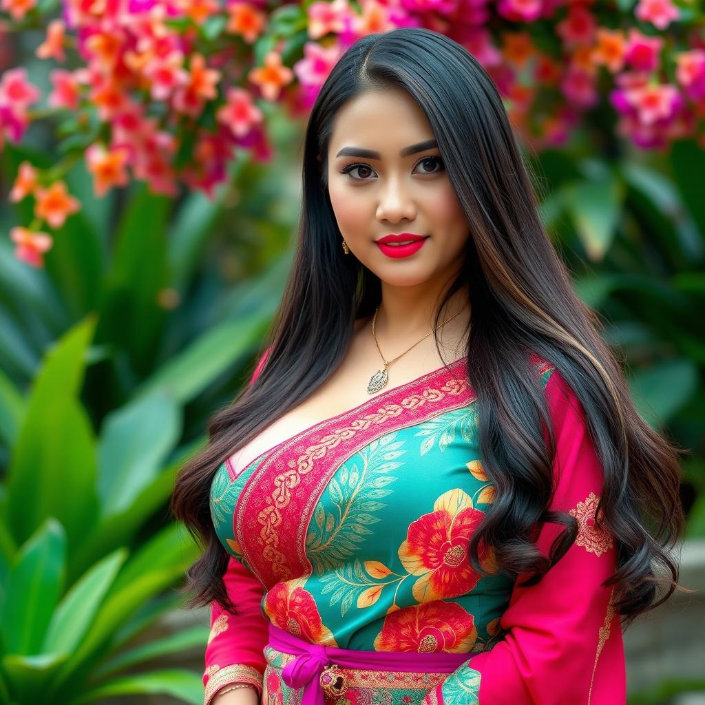 A beautiful woman from Medan with large, round breasts, exuding elegance and charm