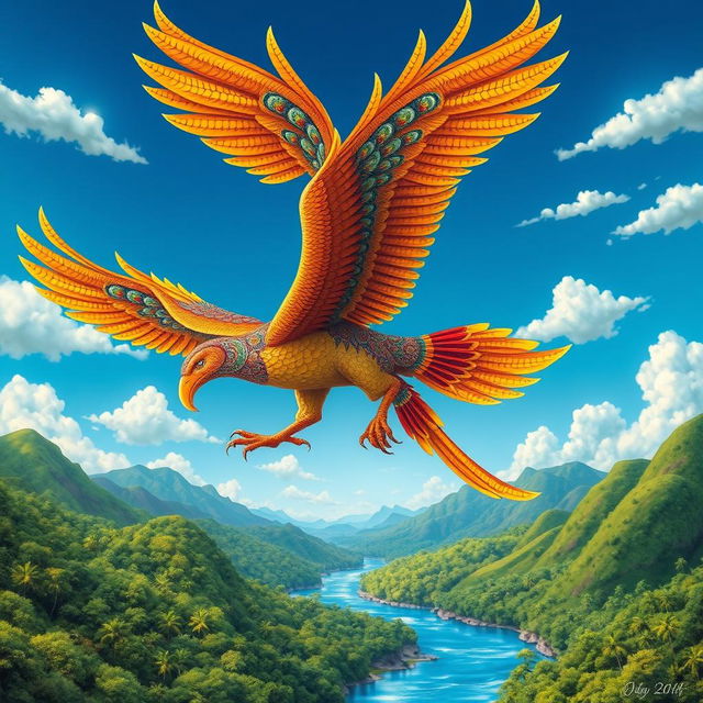 An artistic depiction of a Garuda (a mythical bird-like creature in Hindu and Buddhist mythology) soaring majestically against a vibrant blue sky