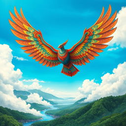 An artistic depiction of a Garuda (a mythical bird-like creature in Hindu and Buddhist mythology) soaring majestically against a vibrant blue sky
